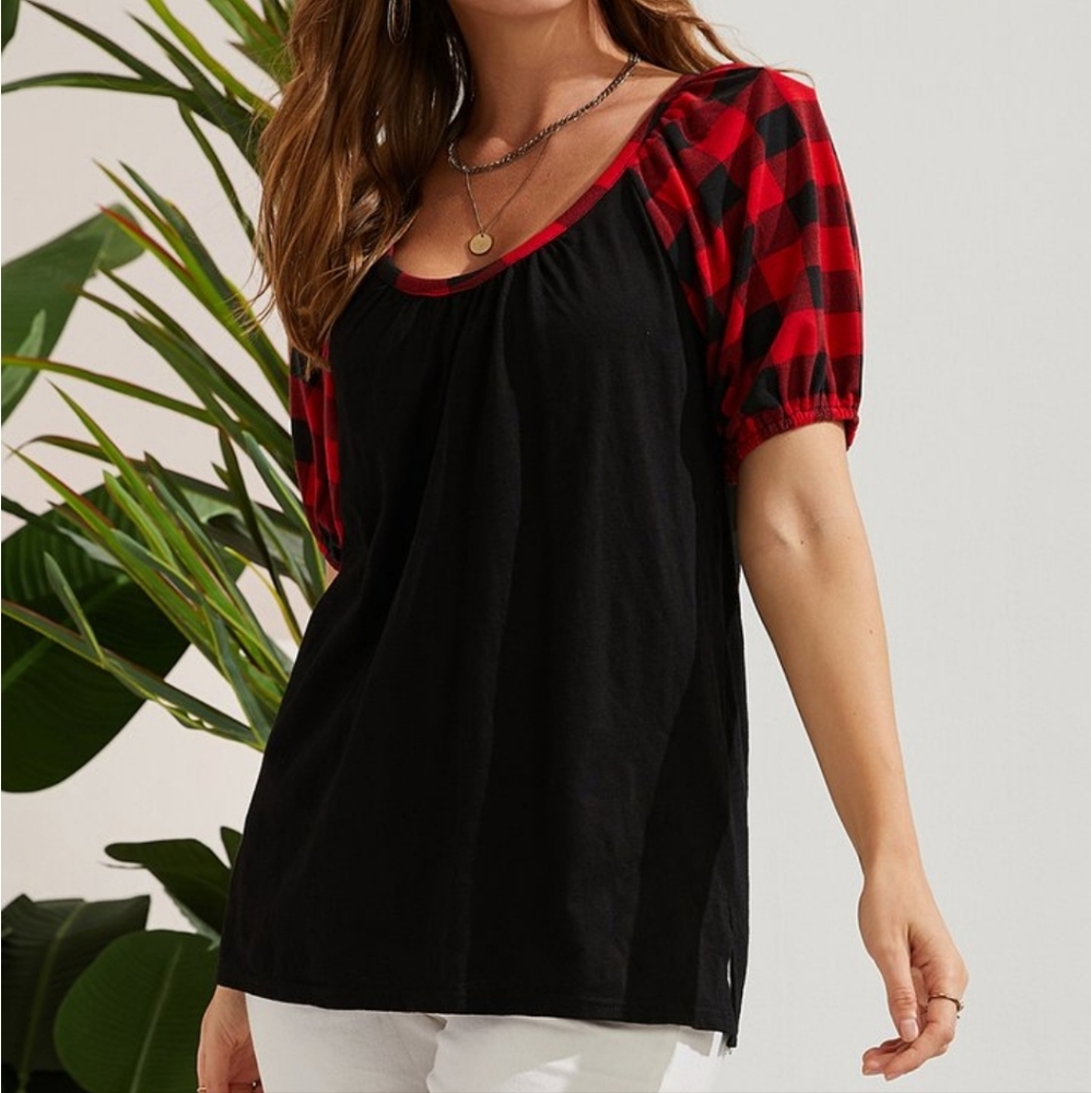 Black & Red Buffalo Check Scoop Neck Gaglan Tunic